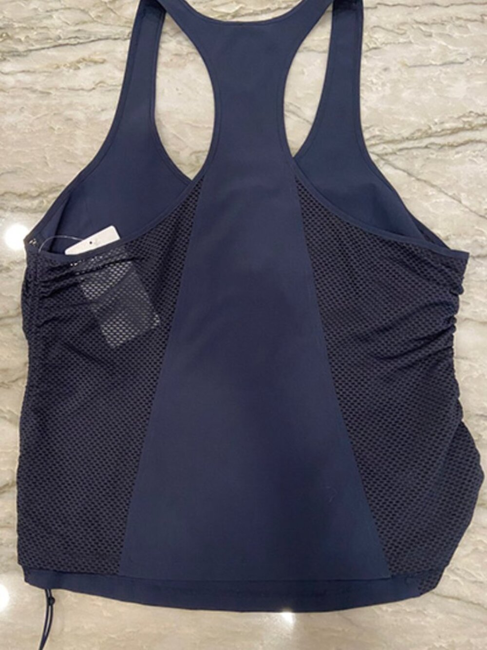 Athleta: Yosemite Tank, Sz M, navy blue, scoop neck, mesh sides & back, silky